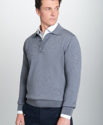 Pale Grey Merino Wool Long Sleeve Polo Shirt