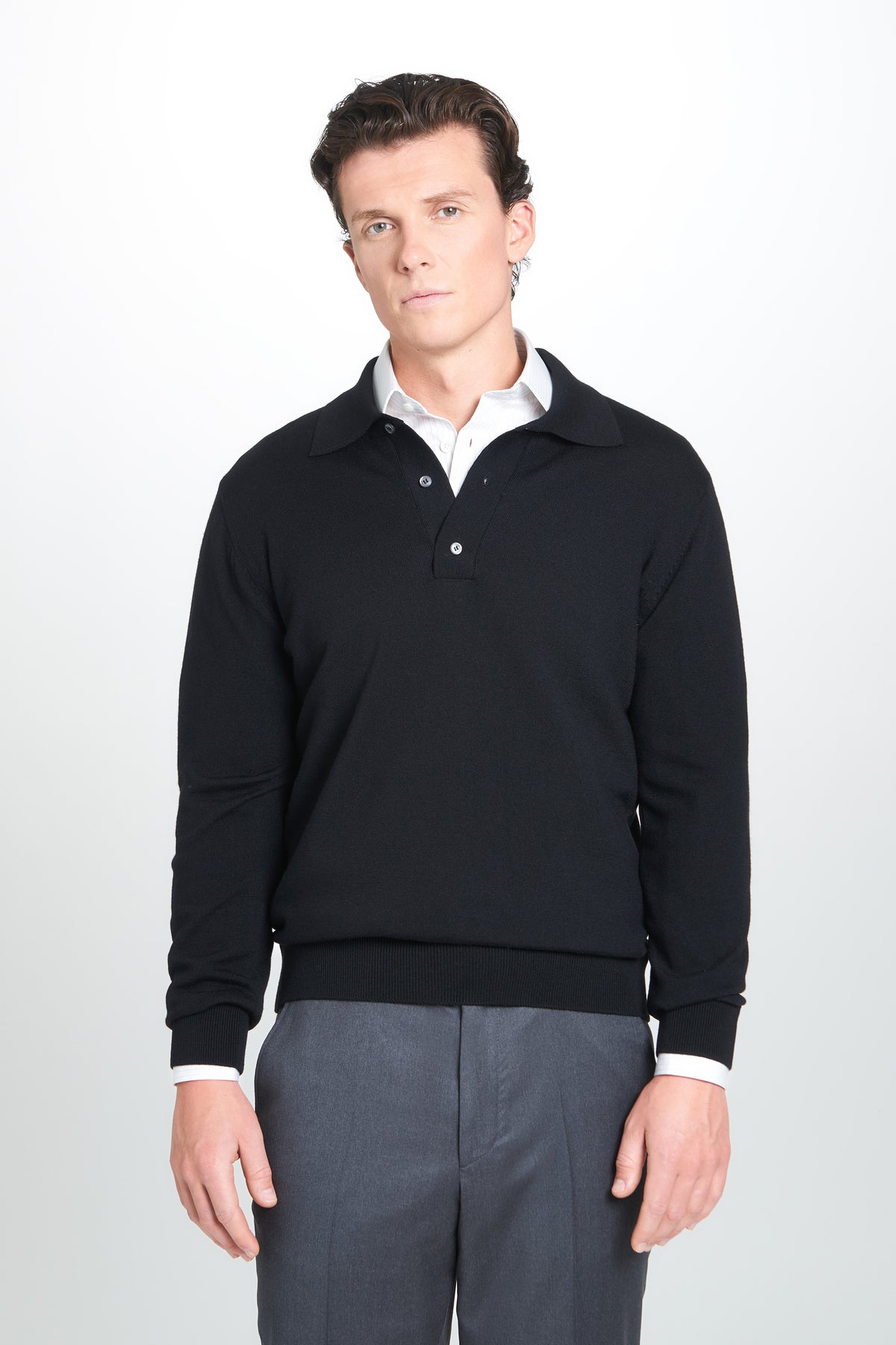 Black Merino Wool Long Sleeve Polo Shirt