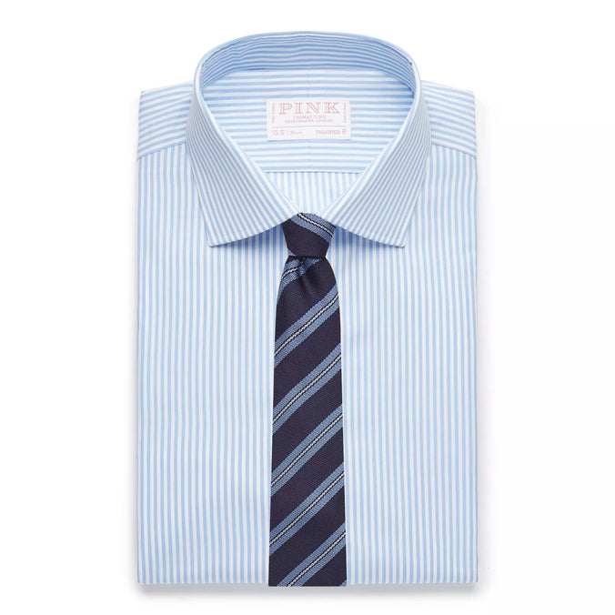 Pale Blue & White Tailored Fit Poplin Bengal Stripe Formal Shirt