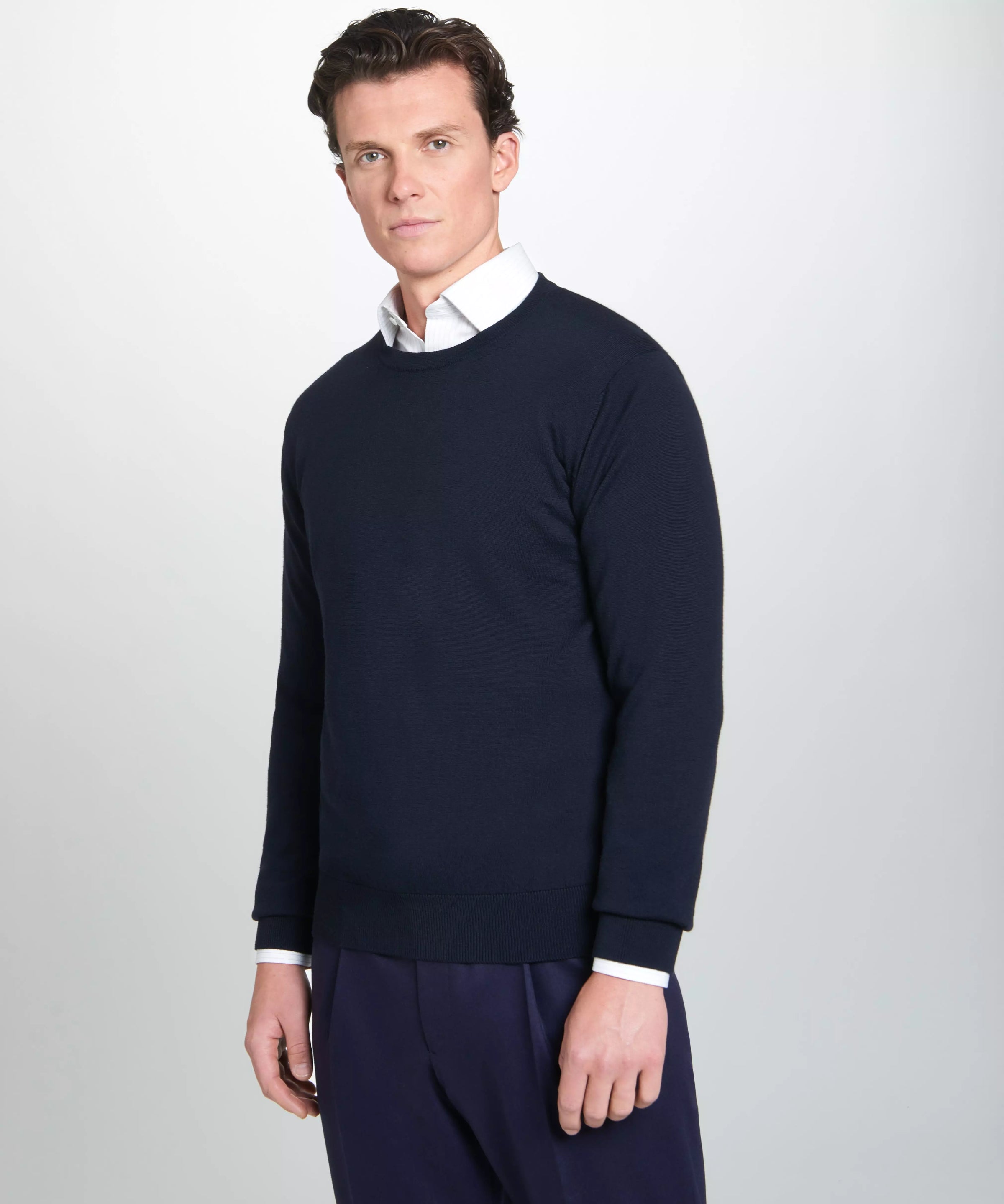 Navy Blue Merino Wool Crew Neck Sweater