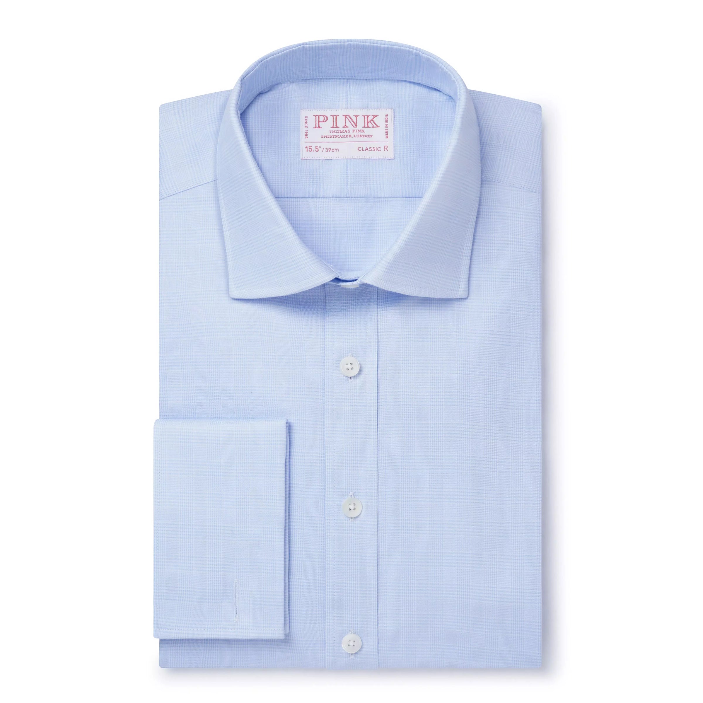 Pale Blue & White Classic Fit Double Cuff Prince of Wales Check Formal Shirt