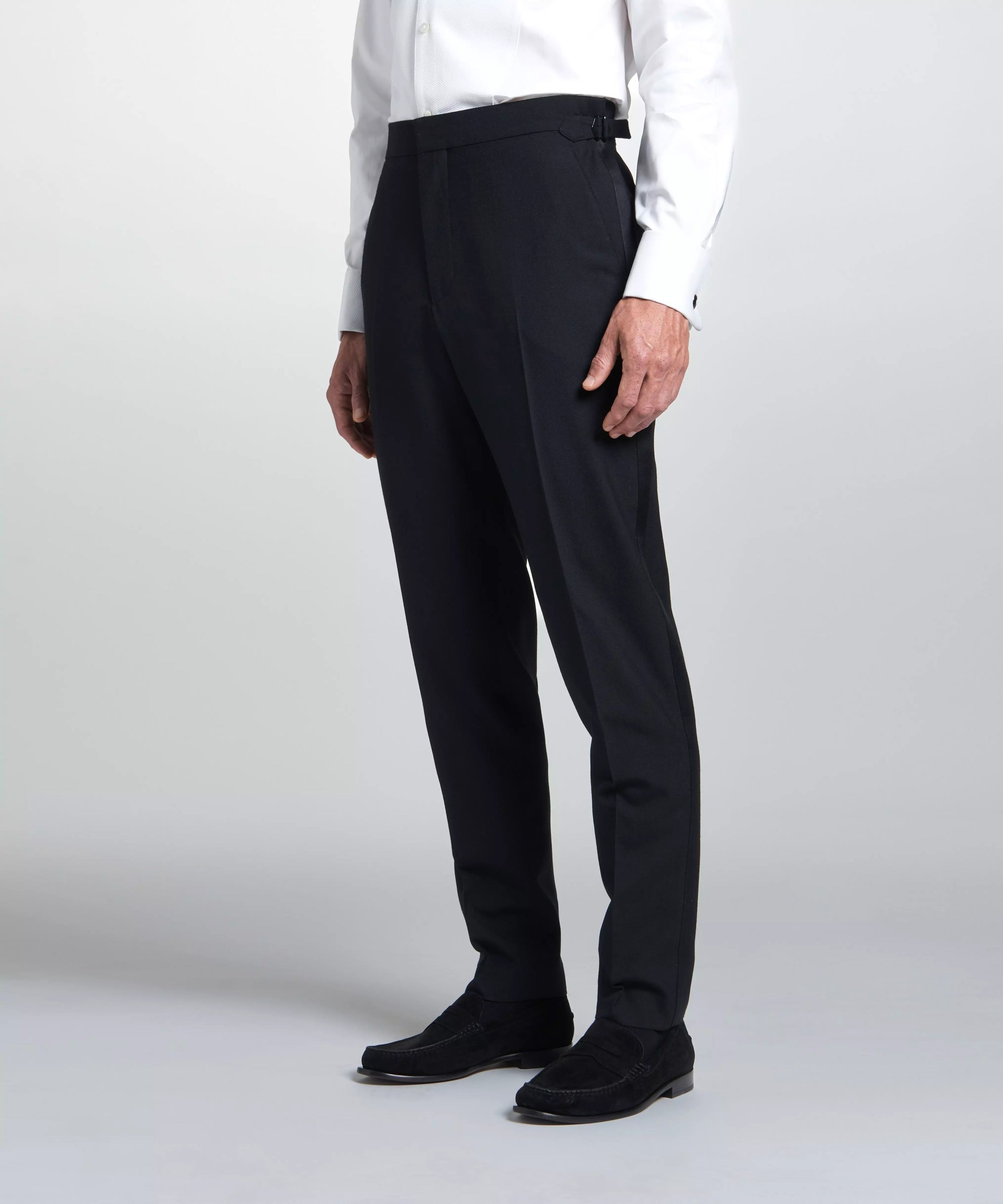 Black Tailored Fit Merino Wool Flat Front Evening Trousers