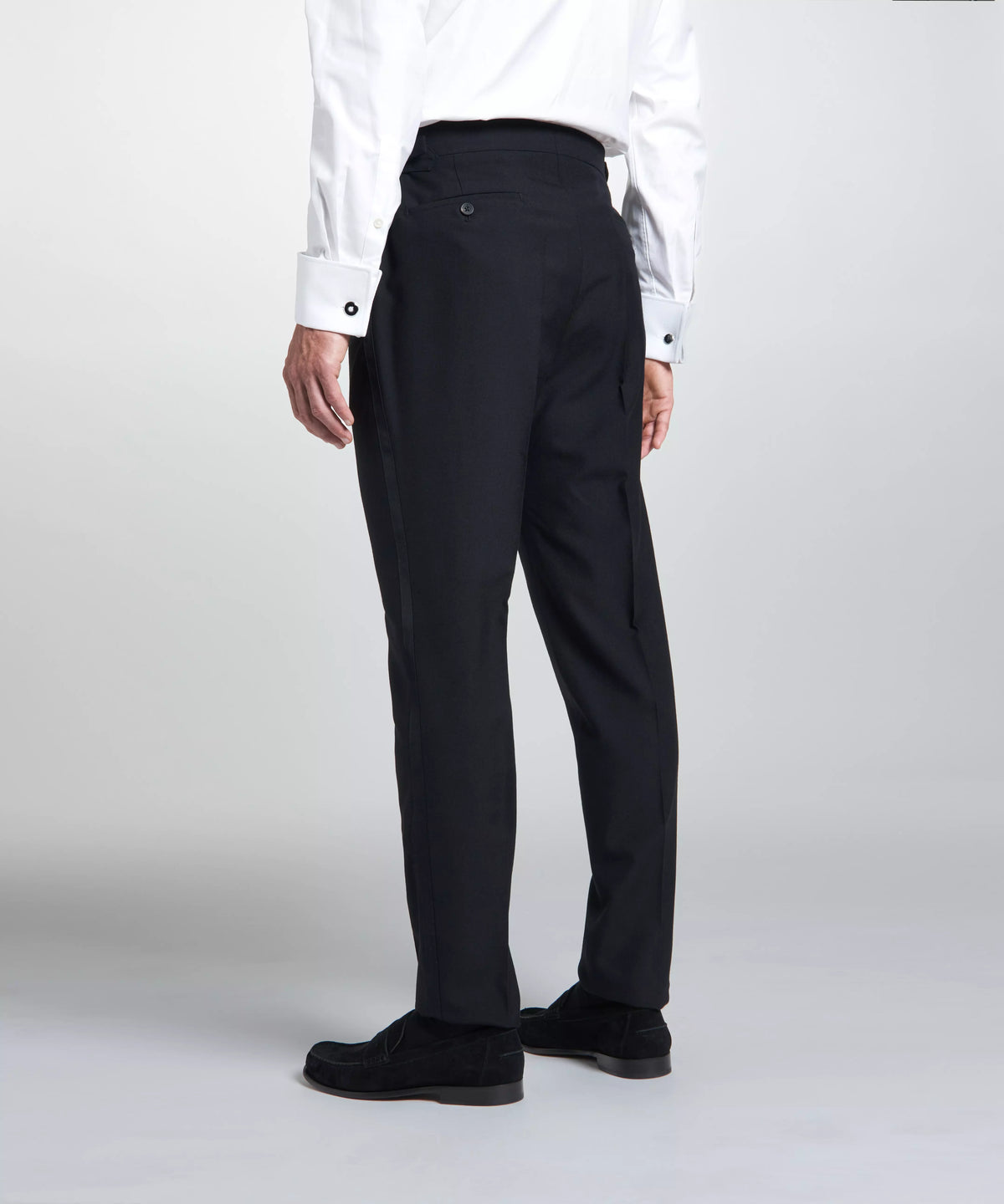 Black Tailored Fit Merino Wool Flat Front Evening Trousers